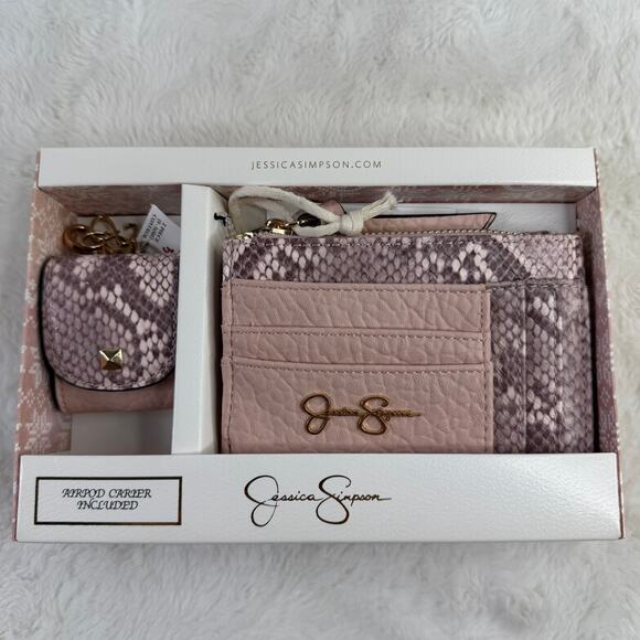 Jessica Simpson Wallet & AirPod Case Gift Set Pink Snake Print - Picture 1 of 7